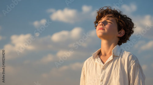 young boy gazes upwards with despair in his eyes against clean solid background