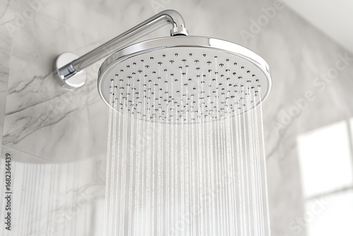 Circular shower head sprays water in bathroom with marbled-white wall