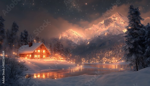 Cozy wooden cabin illuminated with warm lights in a snowy mountain landscape at night