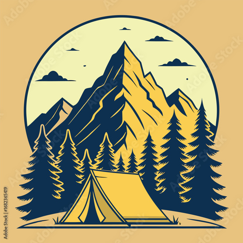 Vector art of camping scene with tent, trees, and mountains in a circle design