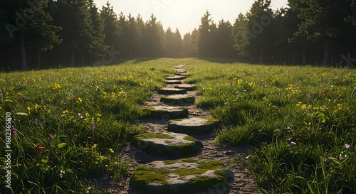 A path made of smooth, grey stepping stones leading across a calm surface to a distant goal