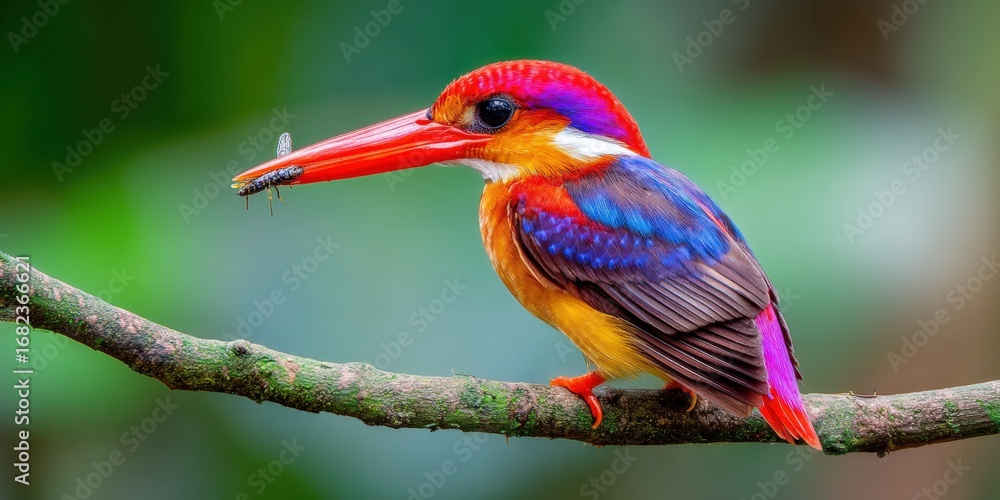 Obraz premium Vibrant Oriental Dwarf Kingfisher Perched on Branch Holding Insect, Displaying Vivid Plumage Details