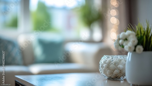 Soft focus living room scene with white decor