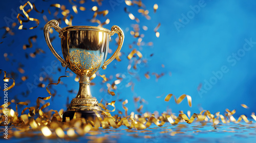 Golden Trophy With Shiny Metallic Finish And Falling Streamers Celebrating Business Success with Copy Space