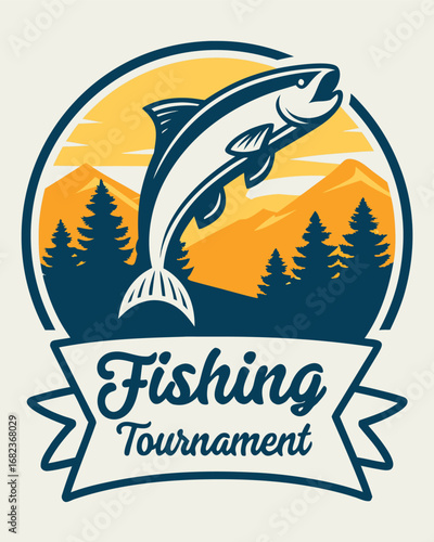 Vector art of vintage fishing tournament logo with fish jumping out of water and forest