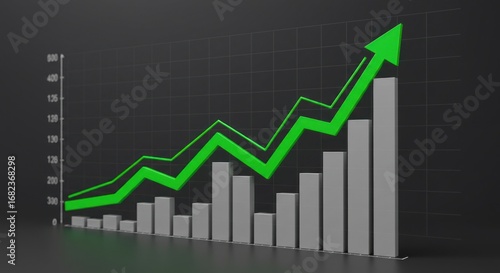 Positive financial growth chart with bar graph and upward trend arrow