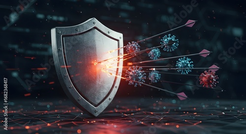 A glowing shield icon deflecting incoming digital arrows or viruses, representing antivirus and data protection