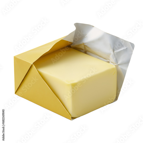 Butter block with wrapper folded back to show half the butter, transparent background.