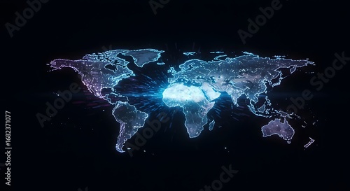 A digital world map with a glowing, secure network grid protecting it from outside digital threats