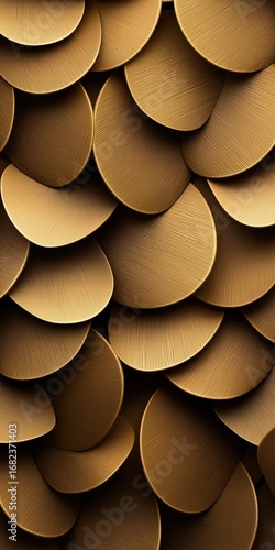 Golden abstract layered metallic scales overlapping in elegant textured pattern luxury 3d background design for mobile wallpaper and decorative concept