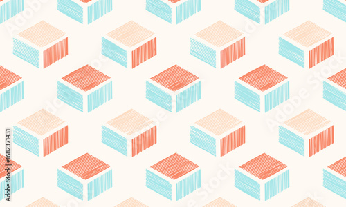 Isometric 3D Cube Seamless Pattern with Hand-Drawn Scribble Texture, Abstract Geometric Blocks Background
