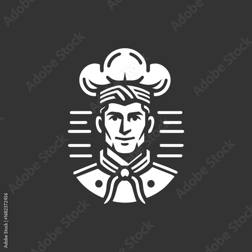 Chef portrait in white uniform and hat, black background.