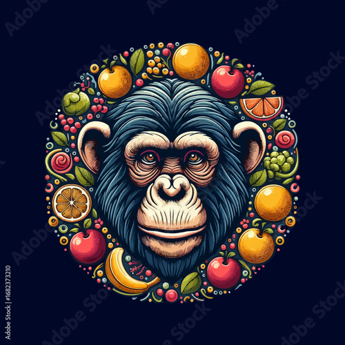 Chimpanzee portrait with fruits, vibrant and colorful design.
