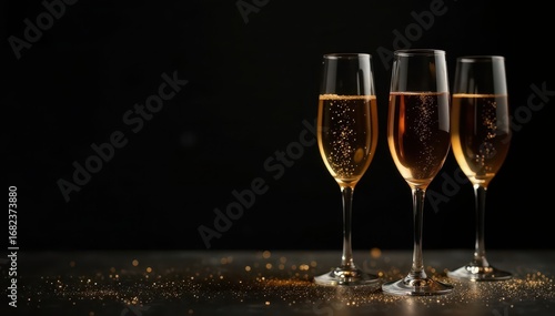 Refined champagne setup; gold accents, black background, stylish, luxury