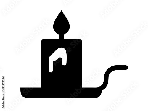 A simple black and white drawing of a candle with a flame and dripping wax on a candle holder shape
