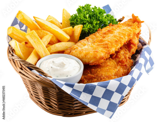 Fish and chips in basket on checked cloth, served with sauce & garnish, perfect for menu promo