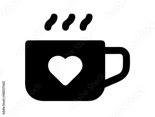Black coffee mug with heart design and steam rising above it in a simple vector illustration style