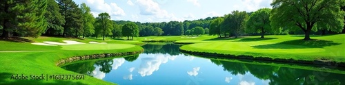 Serene golf course pond reflecting lush greenery and blue sky, perfect for a relaxing game  Ideal for website banners, brochures, and travel publications ,  spring,  texture,  golfing