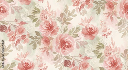 Watercolor Floral Pattern: Pink Roses and Leaves on Cream Background.