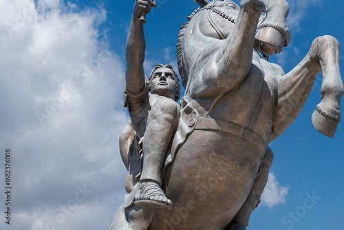 Close-up view of a statue of the warrior Alexander the Great in Macedonia Square in Skopje