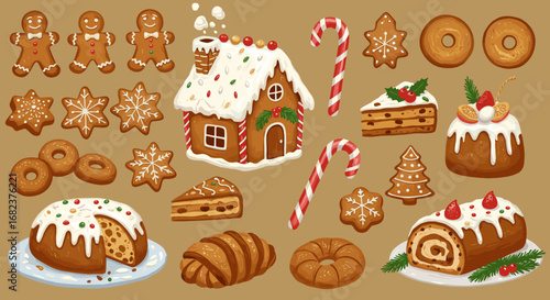 Vector art of festive christmas gingerbread cookies and cakes assortment for holiday season