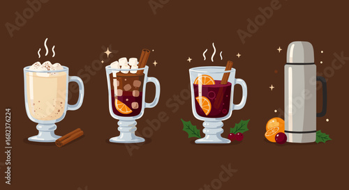 Vector art of selection of festive winter drinks with mulled wine and hot chocolate