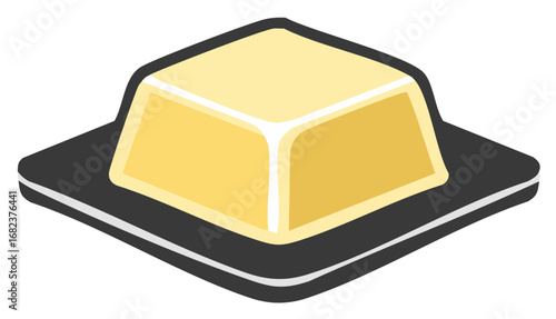 Isometric view of yellow butter block on plate, illustration of delicious dessert, vector
