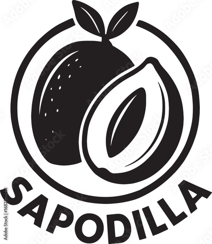Stylish black and white illustration of a sapodilla fruit.