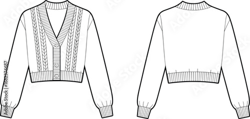 Cropped cable knit cardigan, fashion flat sketch, women’s V-neck sweater, long sleeve buttoned design, stylish knitwear, front and back view