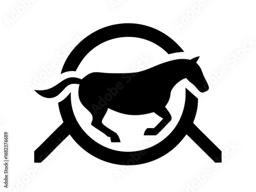 Silhouette of a horse running inside a circle with angled lines at the bottom in black and white