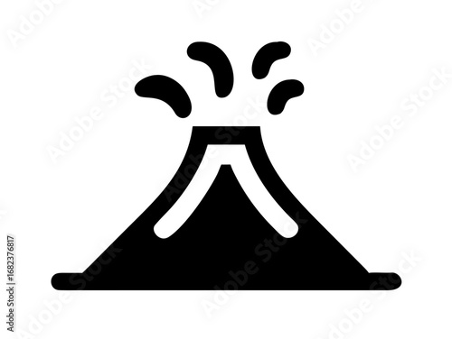 Simple black and white volcano icon showing an eruption with smoke or ash emanating from the crater