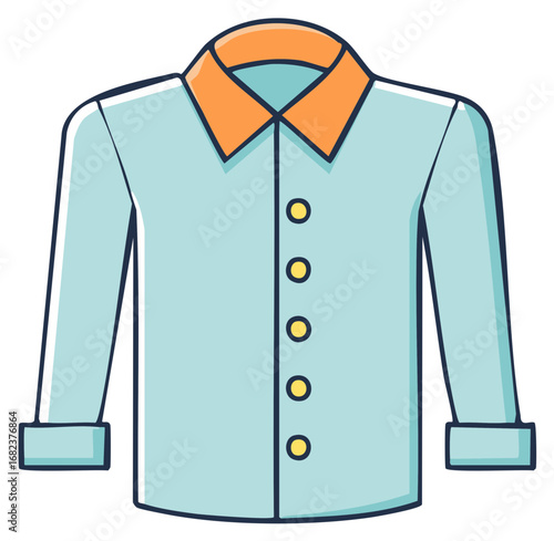 Cartoon Long Sleeved Shirt with Orange Collar and Buttons Graphic Illustration