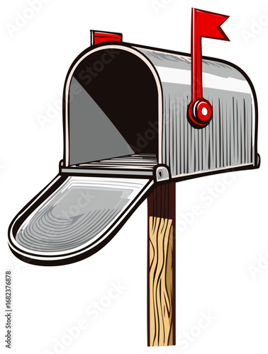 Retro American Mailbox with Red Flag Attached to Wooden Post