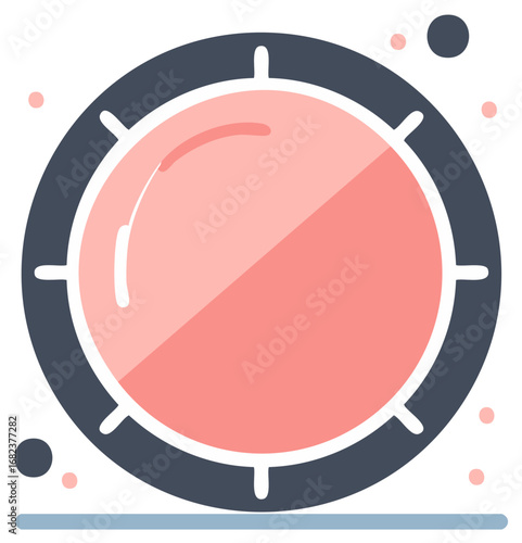Flat design illustration of a pink tambourine with dark gray rim and white markings