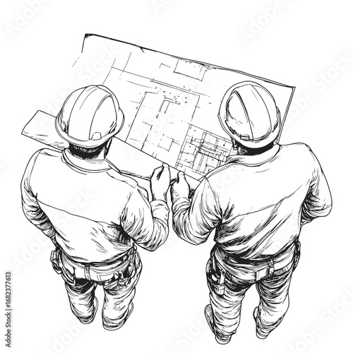top view three construction engineer looking at blueprint in construction site vector illustration sketch doodle hand drawn with black lines isolated on white background