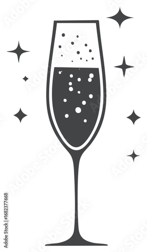 Monochromatic illustration of a sparkling champagne flute with effervescent drink, symbolizing celebration