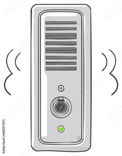 Modern vertical intercom door entry system with speaker camera and green indicator light