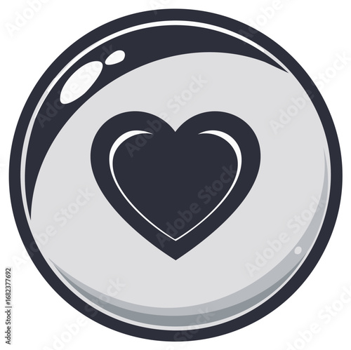 Stylish heart icon inside circle shape with highlights and dark gray edging. Valentines theme, vector art, app icon.