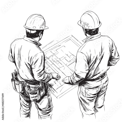 top view three construction engineer looking at blueprint in construction site vector illustration sketch doodle hand drawn with black lines isolated on white background