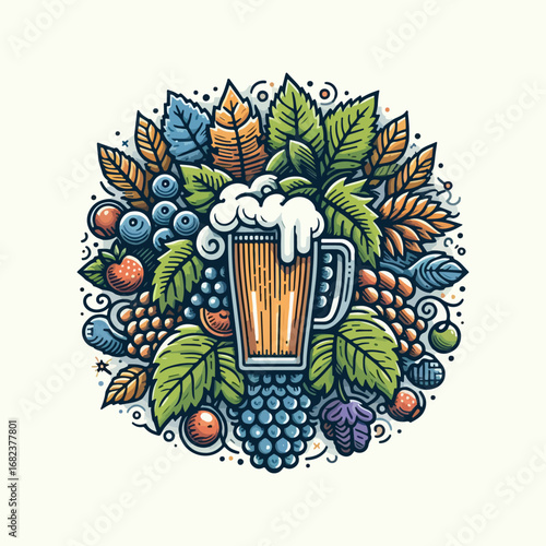 Colorful illustration of a beer mug with fruits and leaves.