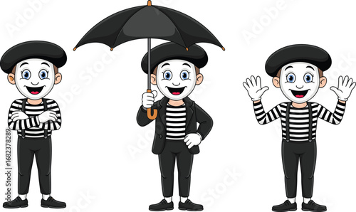 Cartoon Mime Character Illustrations in Stripes and Beret, Various Poses with Umbrella, Happy and Playful Expression, Funny Mime Art