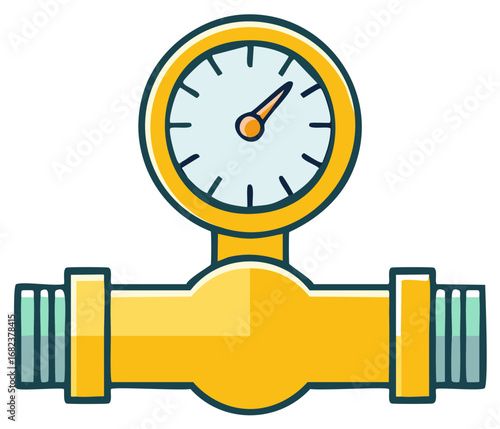 Simple cartoon illustration of a yellow pressure gauge connected to a pipe for measurement and control
