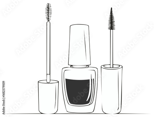 Cosmetic items manicure and makeup tools mascara bottle and brushes simple line art