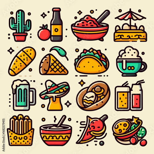 Colorful Mexican food icons, dishes and drinks illustration.