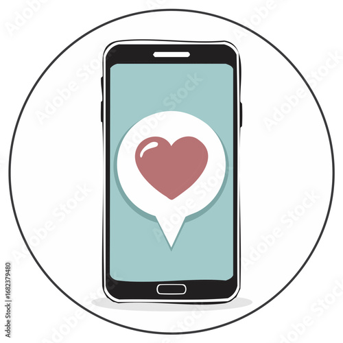 Smartphone screen displays red heart in message bubble, digital love on mobile device, communication and app icon
