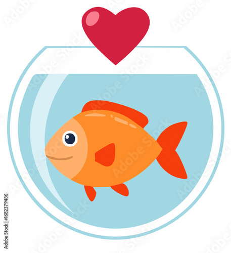Cartoon goldfish in a glass bowl with a red heart above. Illustration.
