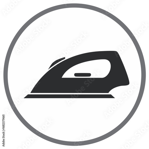 Household Electric Steam Iron Appliance Black Silhouette Vector Icon in Grey Circle