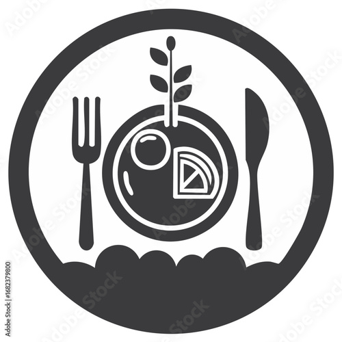 Plate with Egg and Orange Slice Emblem with Fork Knife Cutlery Vegetarian