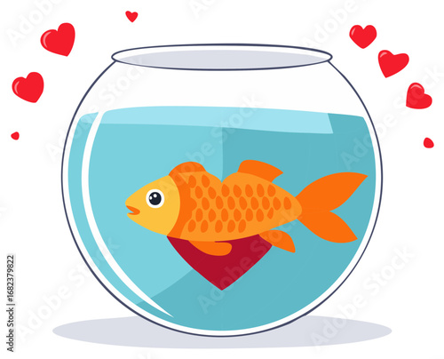 Orange goldfish swimming in a bowl with hearts symbolizing love and affection