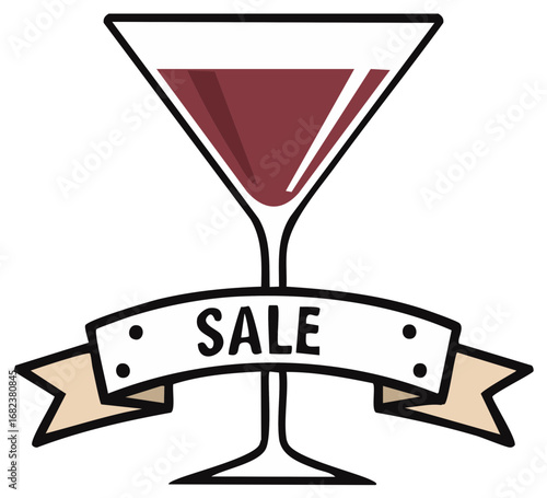 Wine cocktail glass with sale banner for celebratory promotions and discounts